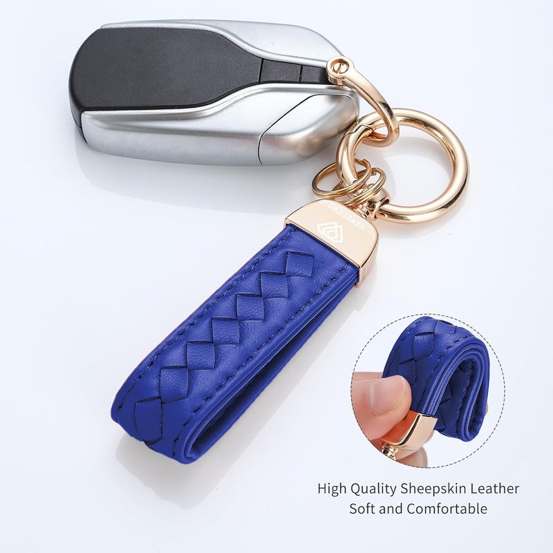 Hamdecro Store Genuine Leather Car Keychain, Handmade Knit Sheepskin Key chains for Women, Universal Key Fob Holder with 360 Degree Rotatable, Anti-Lost D-Ring, 2 Keyrings and 1 Screwdriver – Blue - Image 2